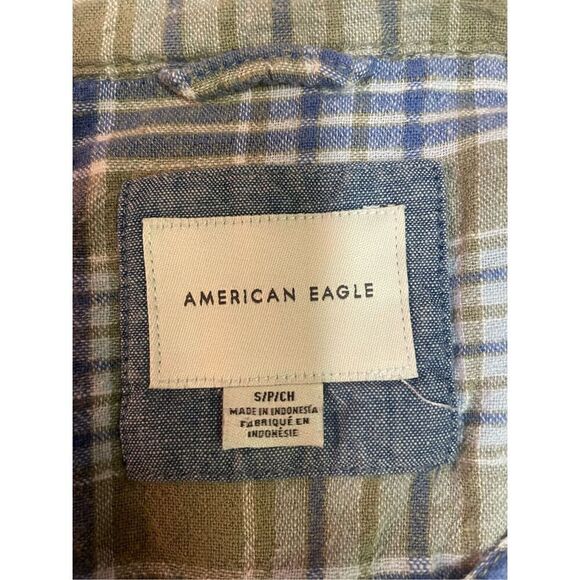 American Eagle Outfitters Blue/Green/White Plaid Long Sleeve Button Down Linen B - Picture 8 of 12